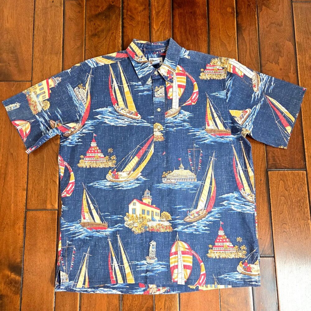 REYN SPOONER Hawaiian Shirt Mens XL Coronado Island Sail Boat 1/4 Button NEW